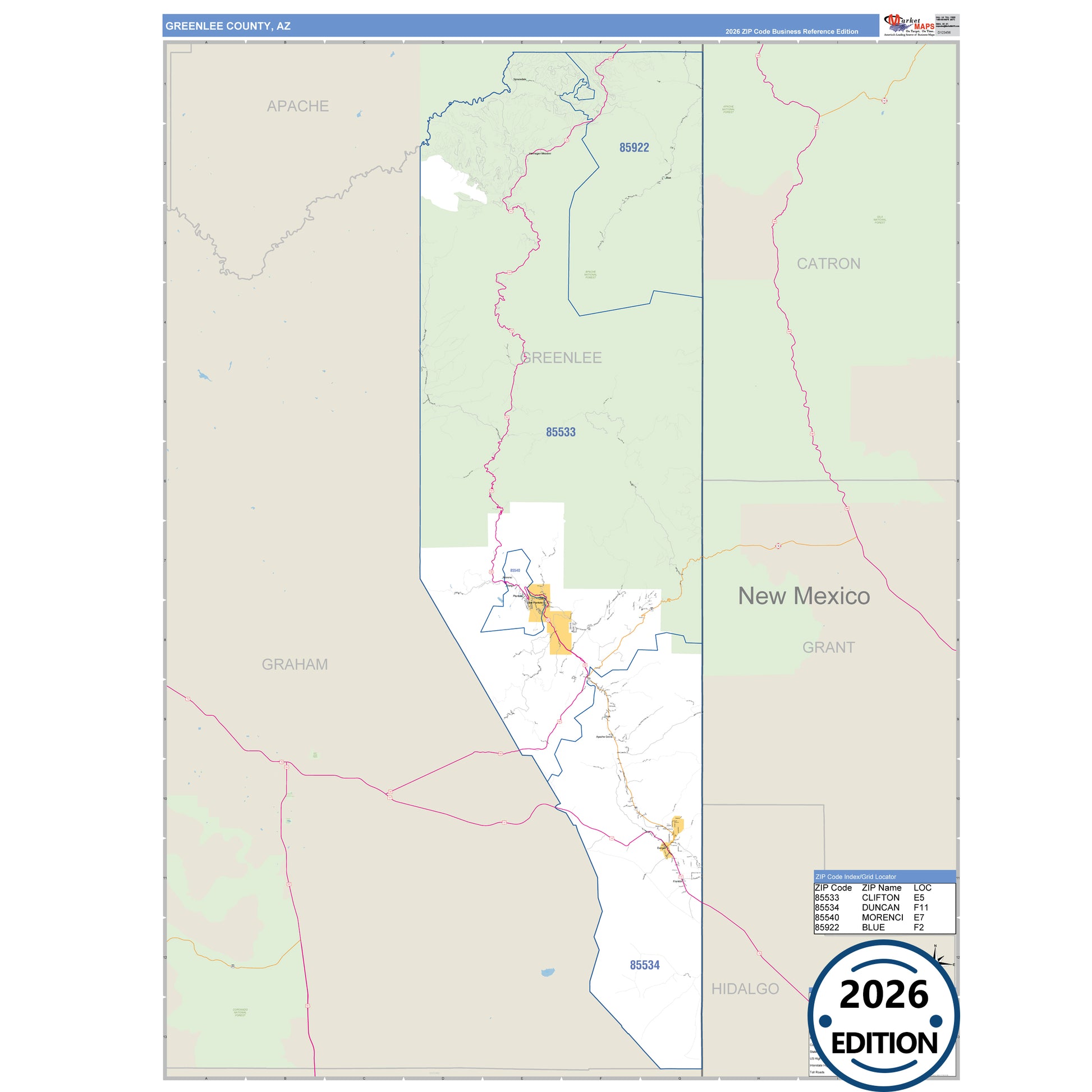 Greenlee County, AZ Business Reference map with detailed roads, cities, and ZIP code boundaries.
