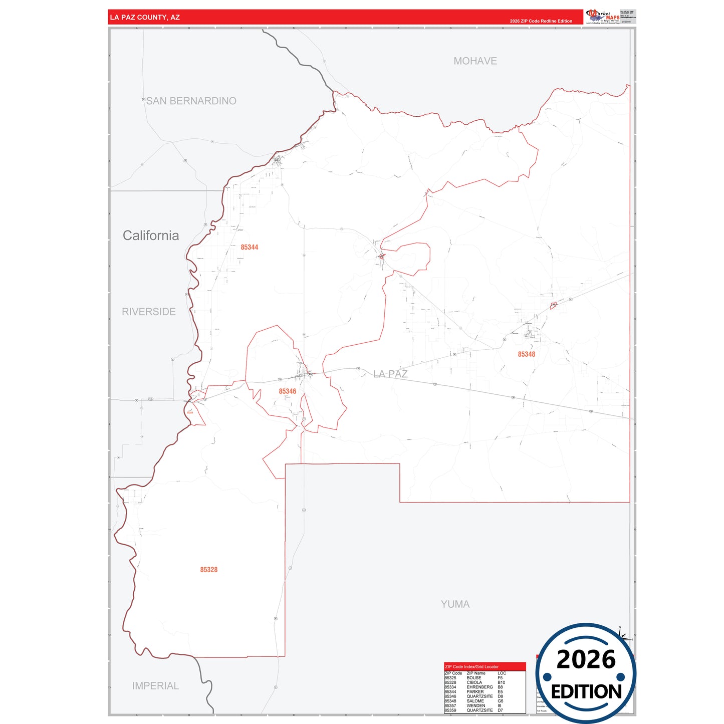 La Paz County, AZ Red Line 5 Digit ZIP Code Wall Map