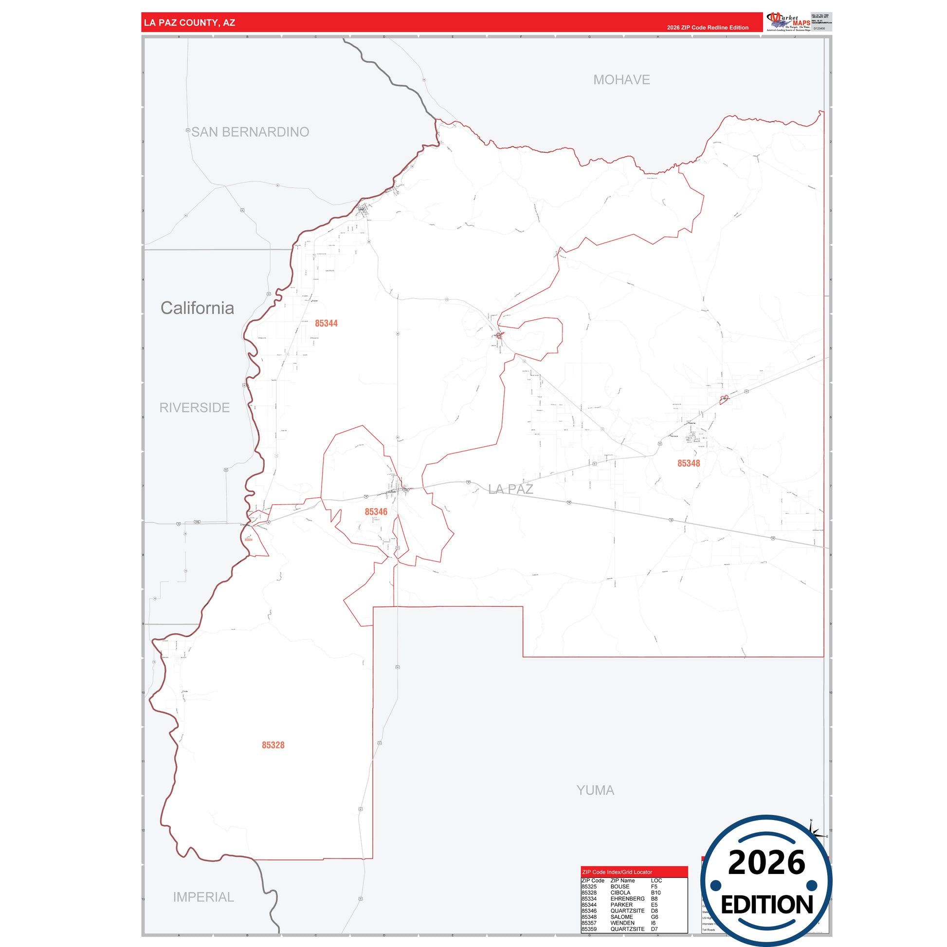 La Paz County, AZ Red Line map with detailed roads, cities, and ZIP code boundaries.
