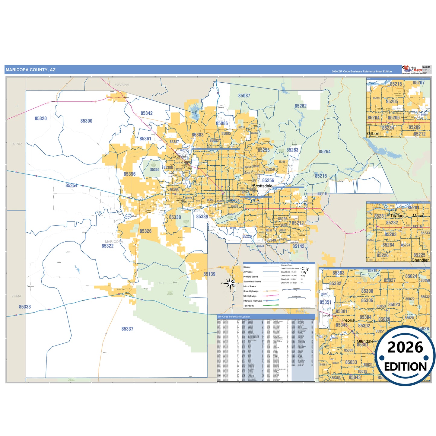 Maricopa County, AZ Business Reference 5 Digit ZIP Code Wall Map