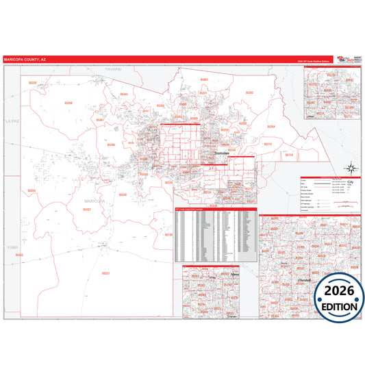 Maricopa County, AZ Red Line 5 Digit ZIP Code Wall Map