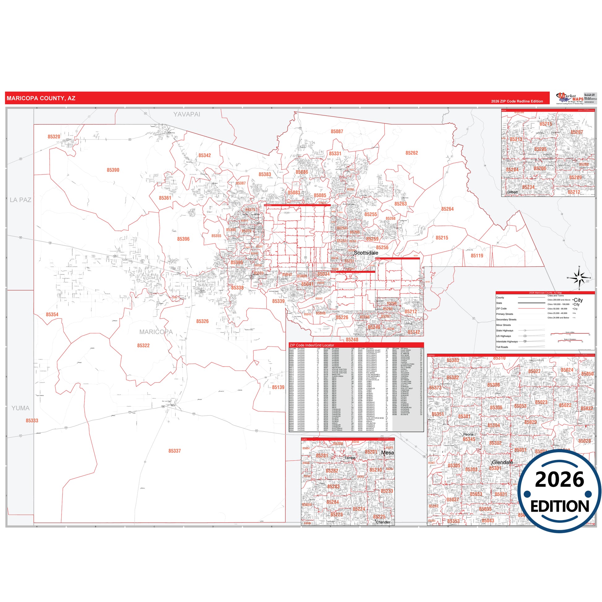 Maricopa County, AZ Red Line map with detailed roads, cities, and ZIP code boundaries.