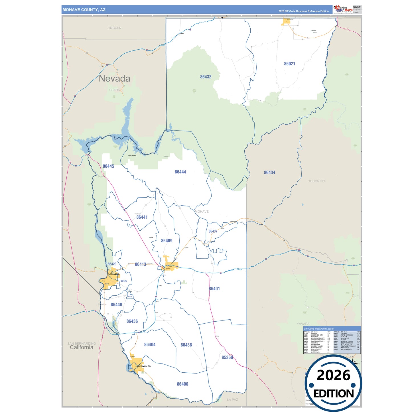 Mohave County, AZ Business Reference 5 Digit ZIP Code Wall Map