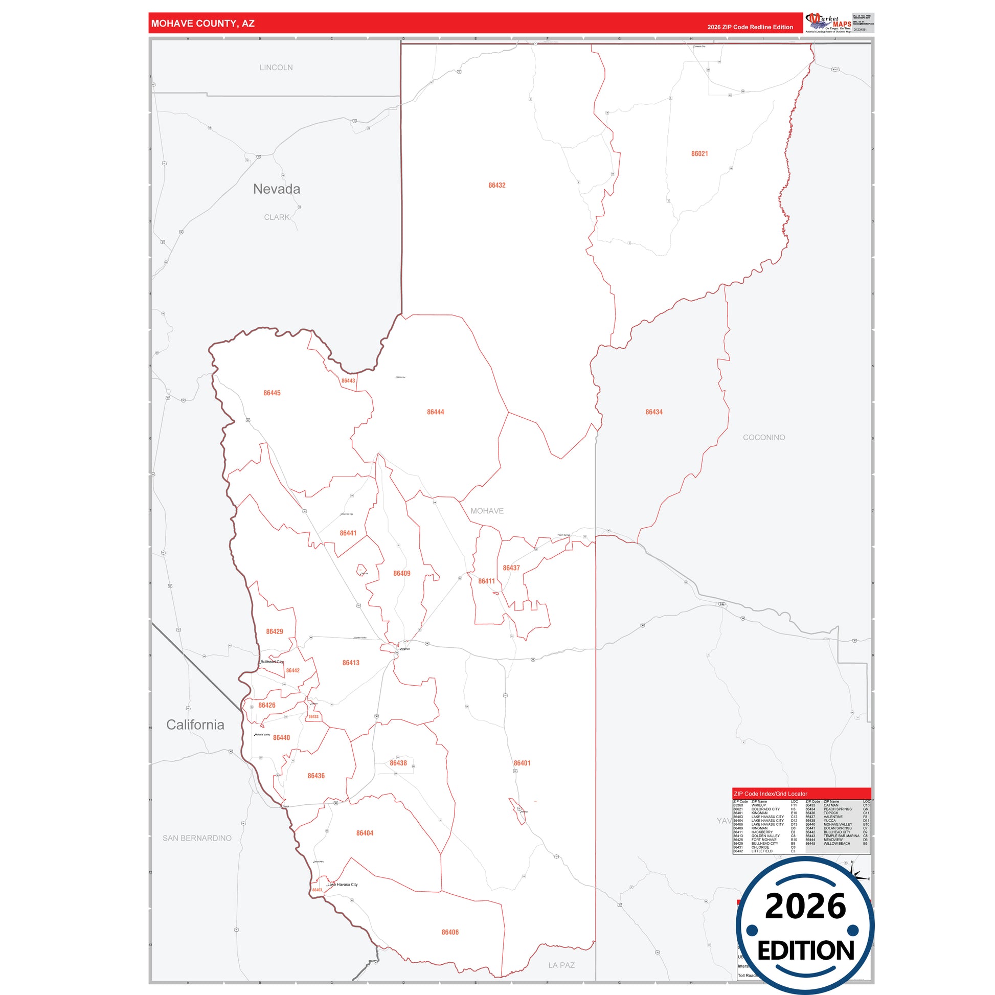 Mohave County, AZ Red Line map with detailed roads, cities, and ZIP code boundaries.
