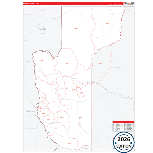 Mohave County, AZ Red Line map with detailed roads, cities, and ZIP code boundaries.