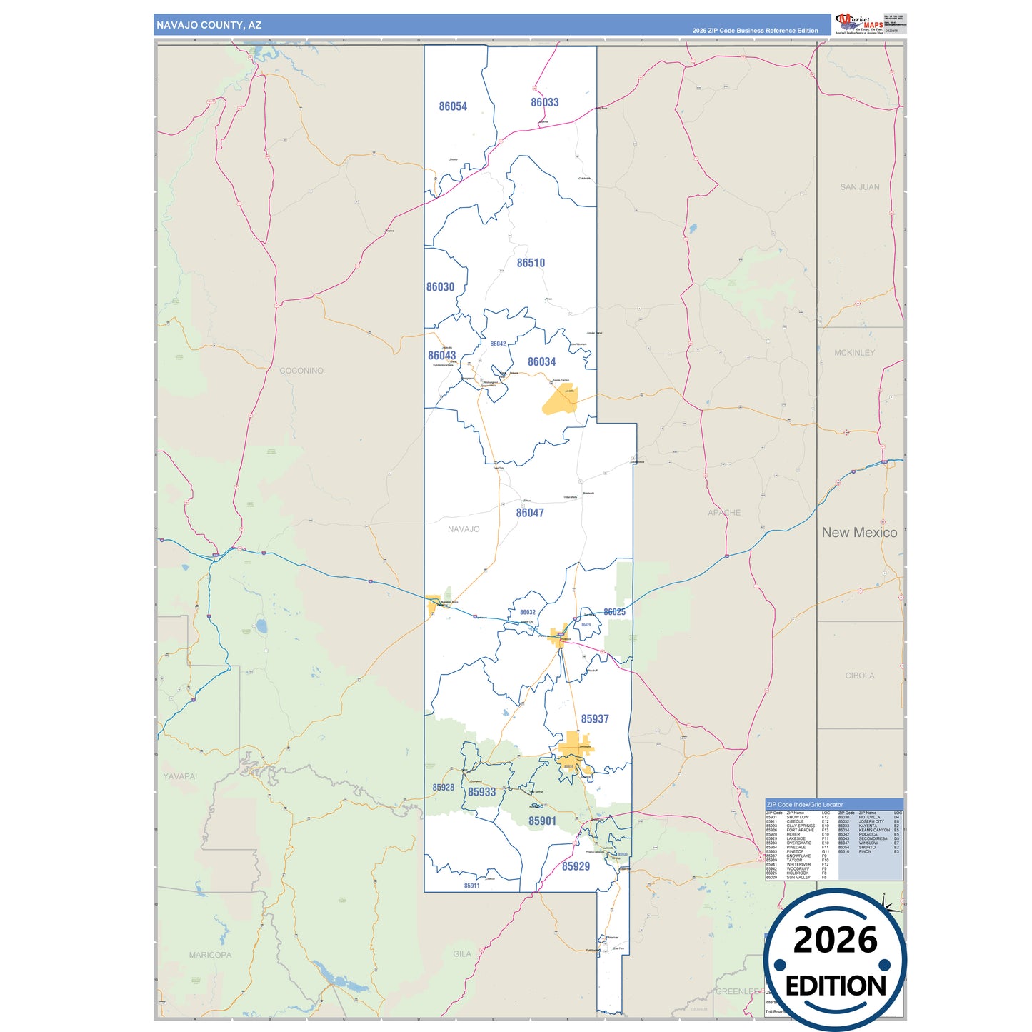 Navajo County, AZ Business Reference 5 Digit ZIP Code Wall Map