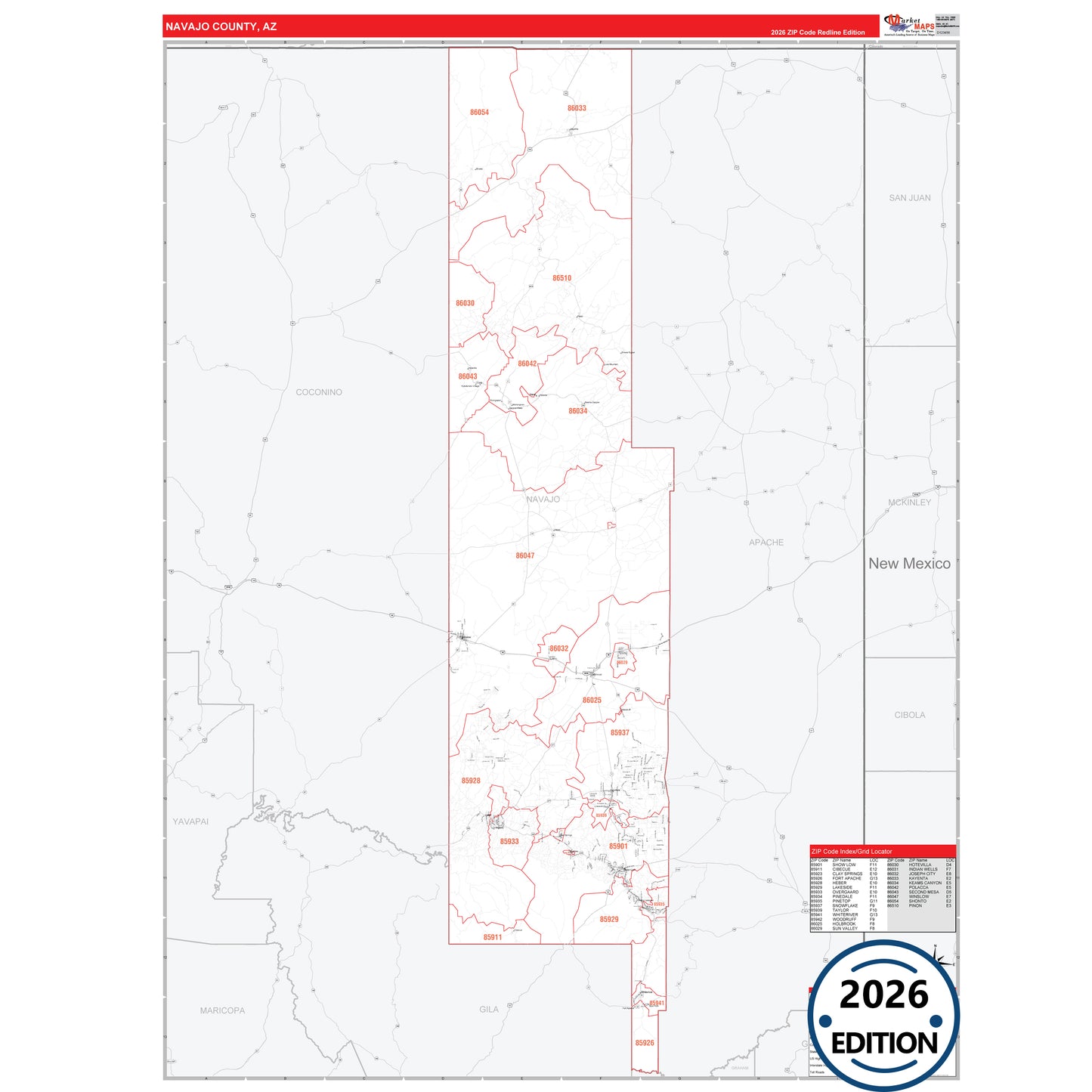 Navajo County, AZ Red Line 5 Digit ZIP Code Wall Map