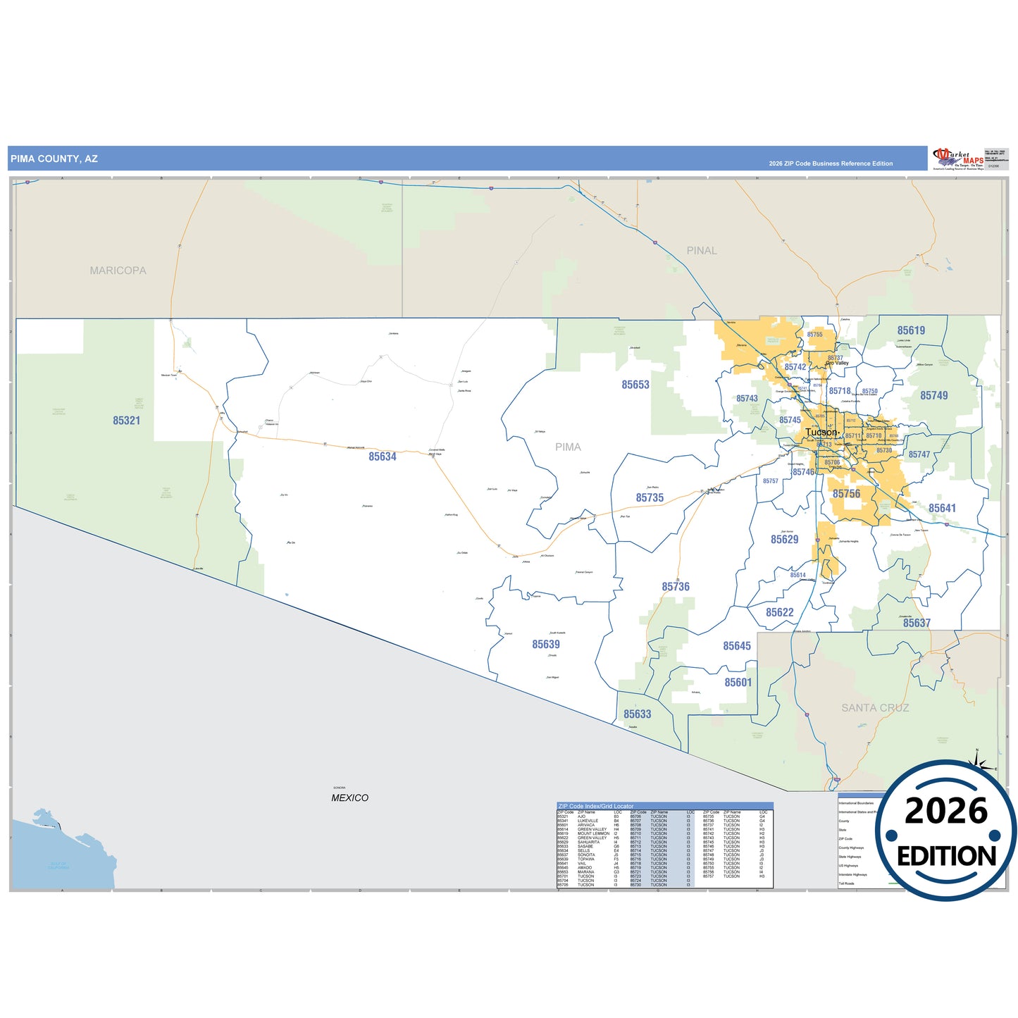 Pima County, AZ Business Reference 5 Digit ZIP Code Wall Map