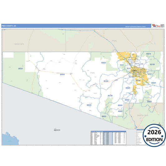 Pima County, AZ Business Reference 5 Digit ZIP Code Wall Map
