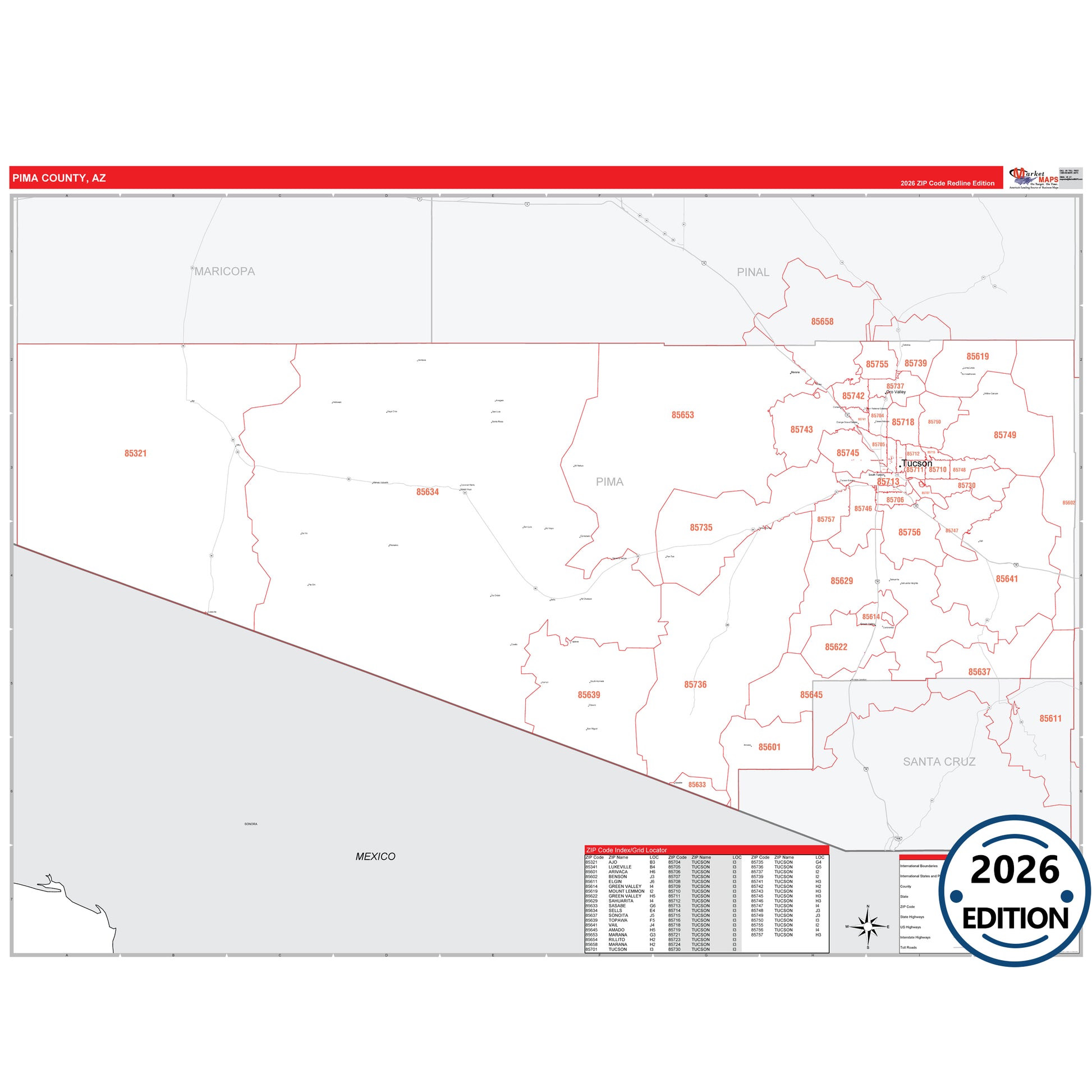 Pima County, AZ Red Line map with detailed roads, cities, and ZIP code boundaries.