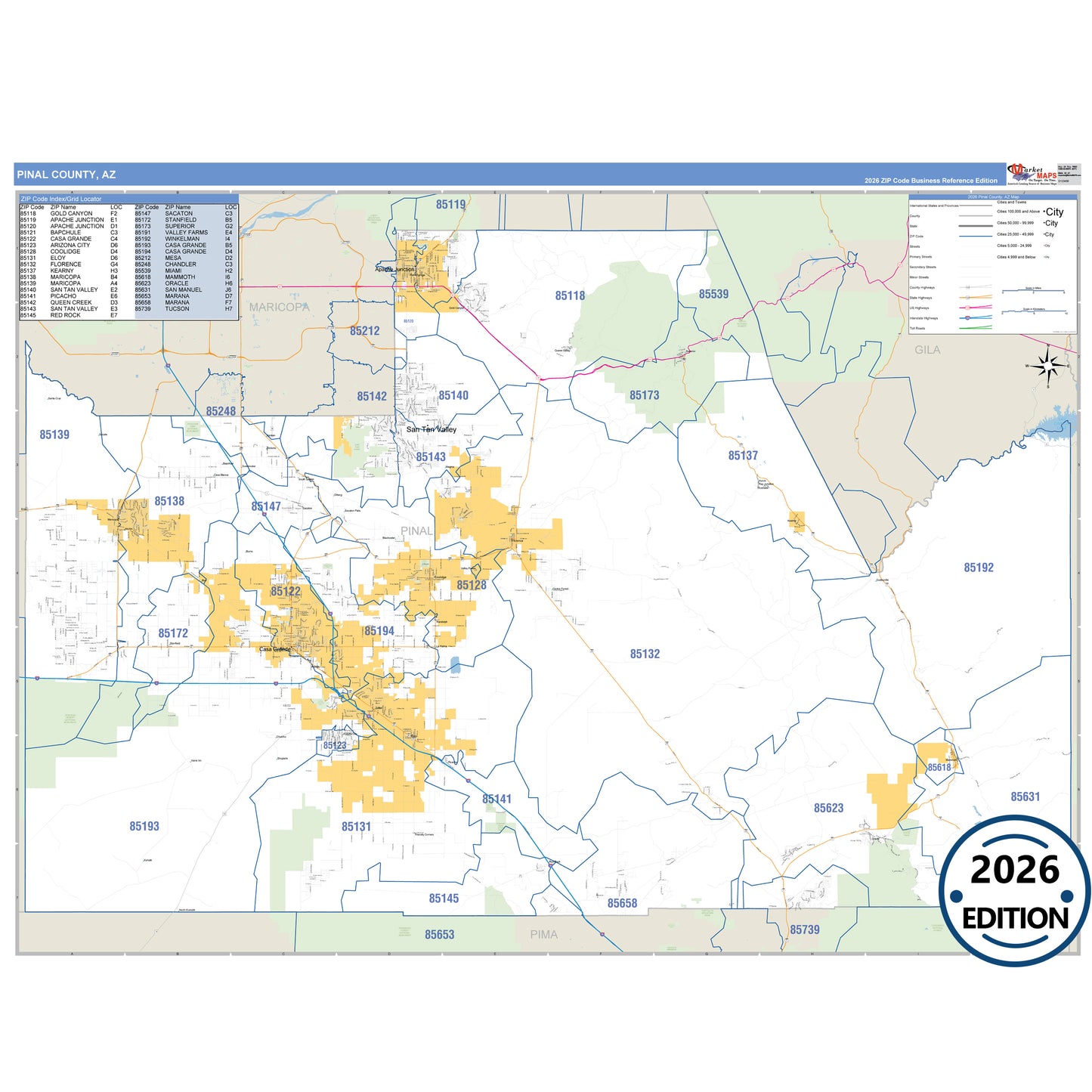 Pinal County, AZ Business Reference 5 Digit ZIP Code Wall Map
