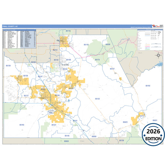 Pinal County, AZ Business Reference 5 Digit ZIP Code Wall Map