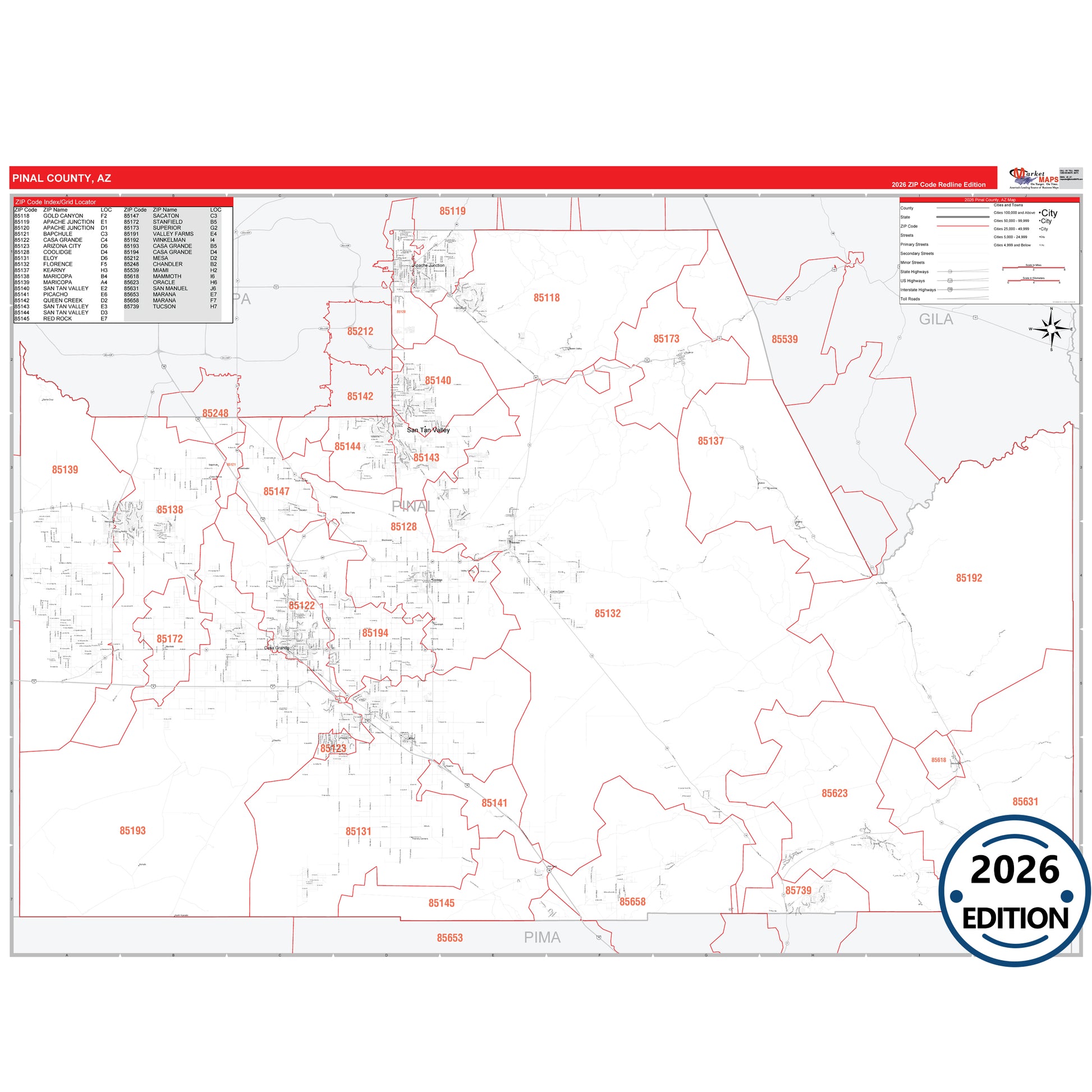 Pinal County, AZ Red Line map with detailed roads, cities, and ZIP code boundaries.