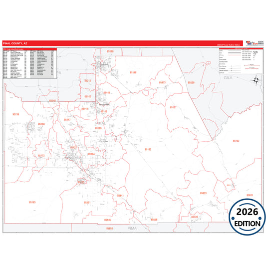 Pinal County, AZ Red Line 5 Digit ZIP Code Wall Map