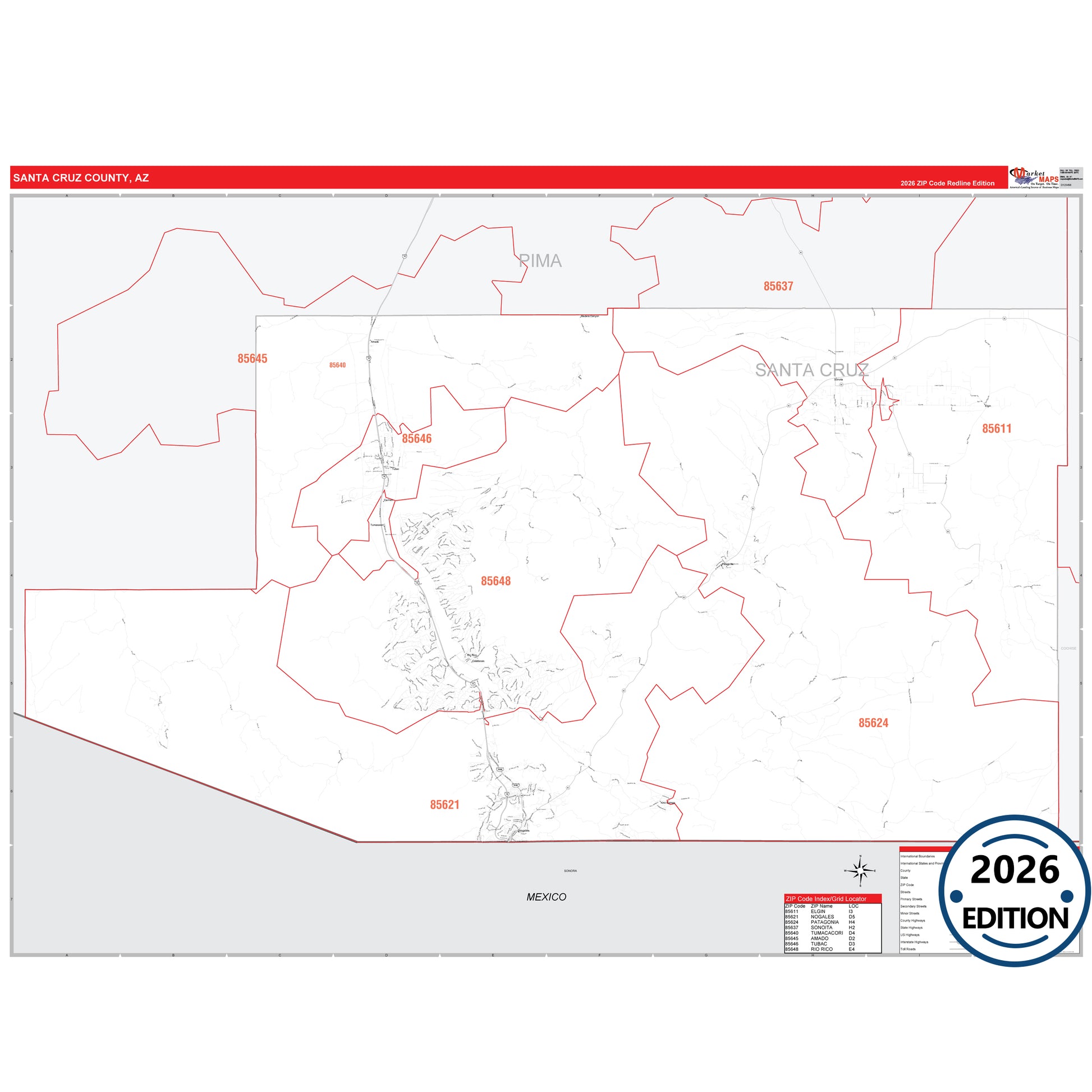 Santa Cruz County, AZ Red Line map with detailed roads, cities, and ZIP code boundaries.