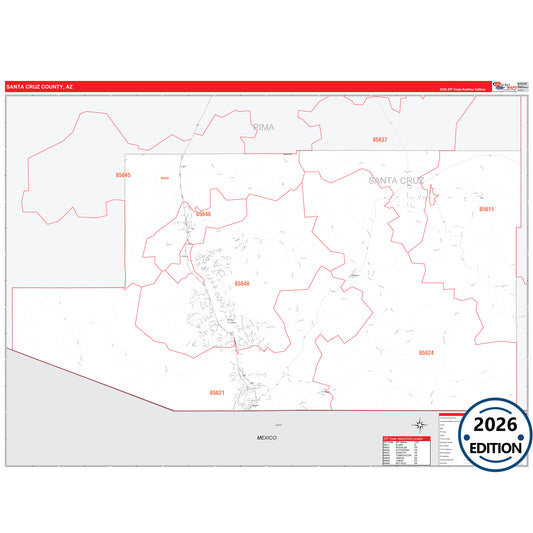 Santa Cruz County, AZ Red Line map with detailed roads, cities, and ZIP code boundaries.