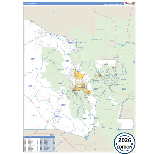 Yavapai County, AZ Business Reference 5 Digit ZIP Code Wall Map