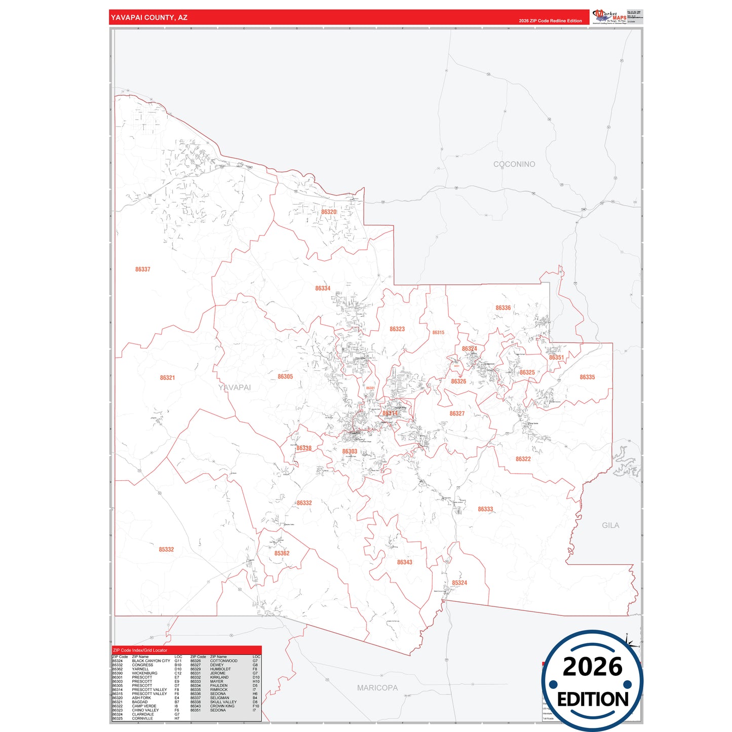 Yavapai County, AZ Red Line map with detailed roads, cities, and ZIP code boundaries.