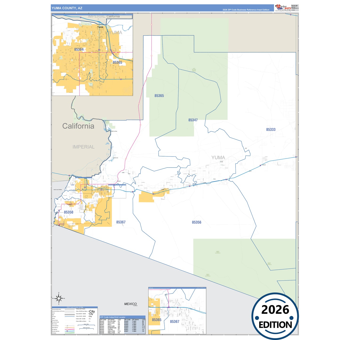 Yuma County, AZ Business Reference 5 Digit ZIP Code Wall Map