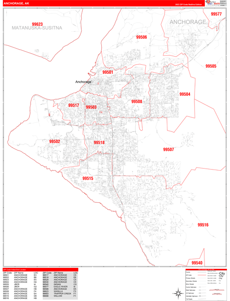 Anchorage, AK Red Line 5 Digit ZIP Code Wall Map