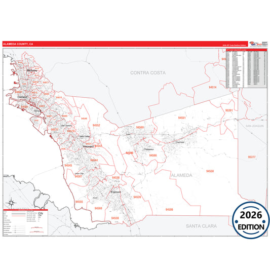 Alameda County, CA Red Line 5 Digit ZIP Code Wall Map