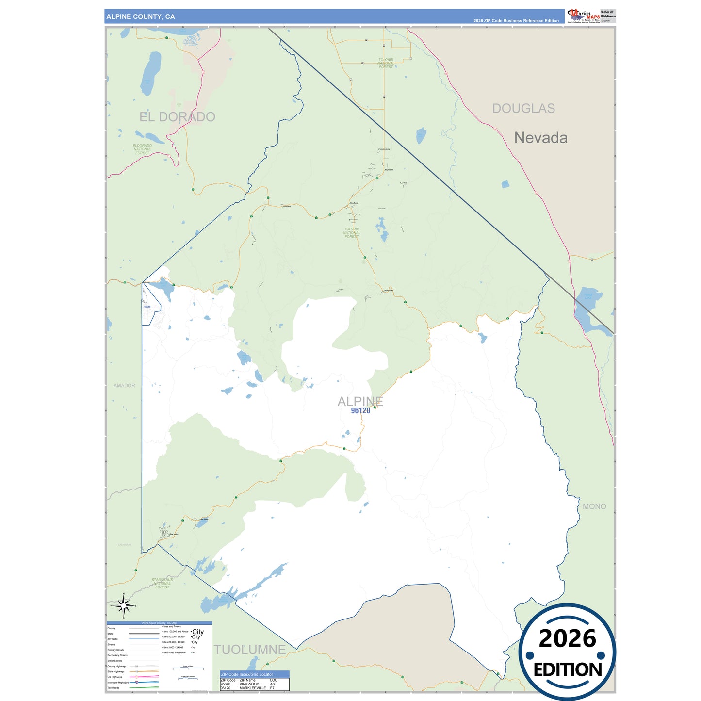 Alpine County, CA Business Reference 5 Digit ZIP Code Wall Map