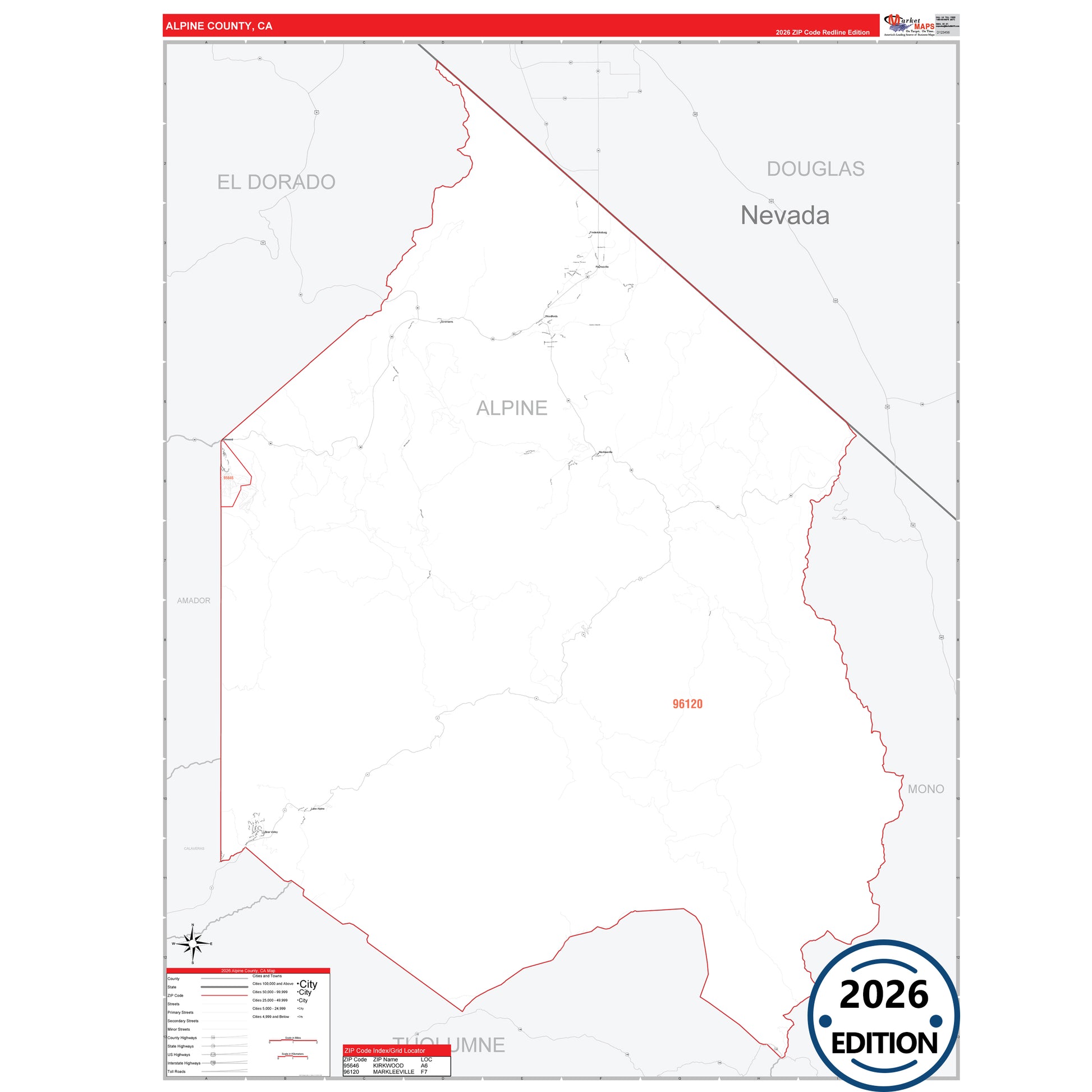 Alpine County, CA Red Line map with detailed roads, cities, and ZIP code boundaries.