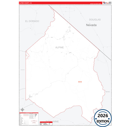 Alpine County, CA Red Line 5 Digit ZIP Code Wall Map