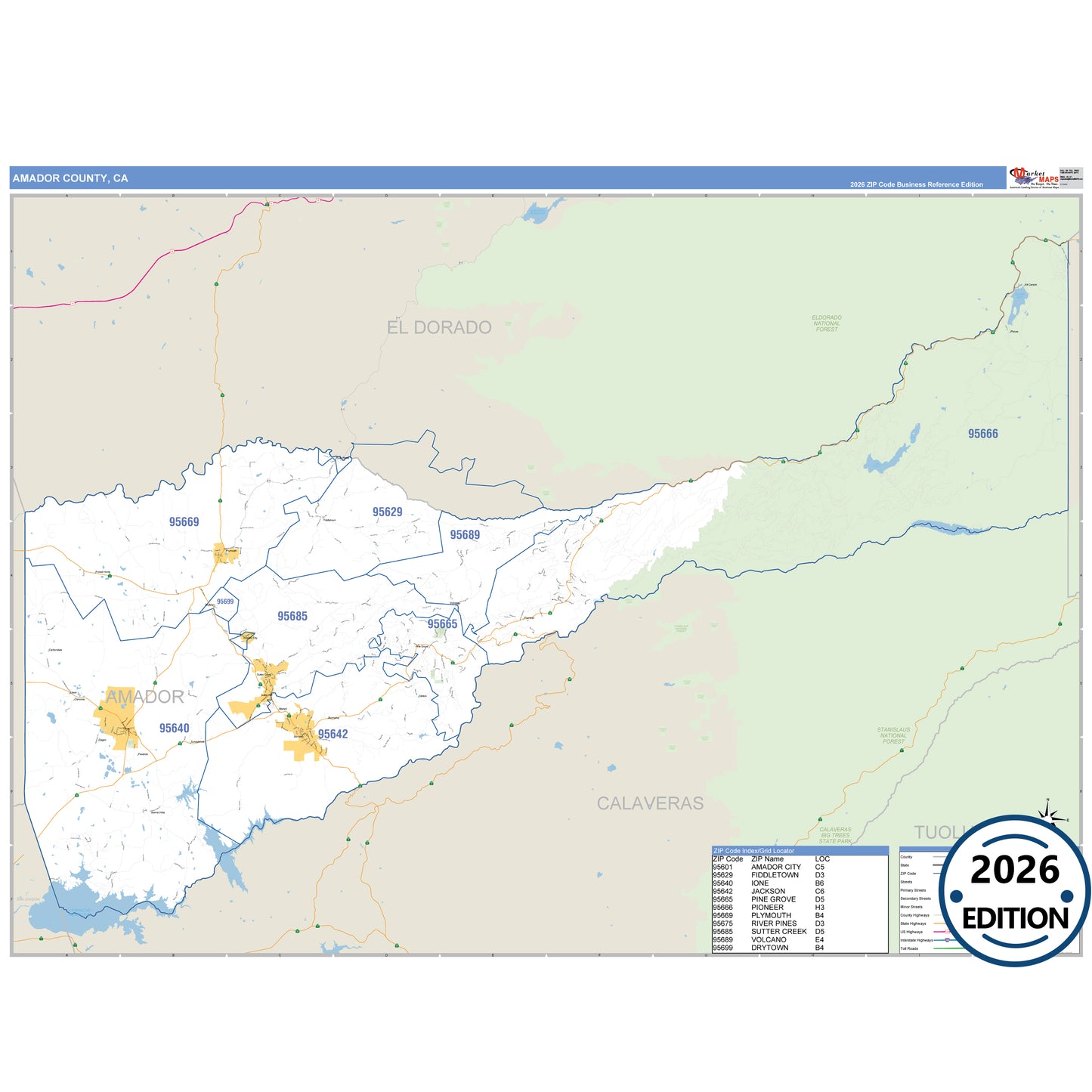Amador County, CA Business Reference 5 Digit ZIP Code Wall Map