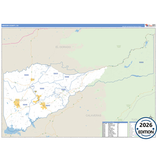 Amador County, CA Business Reference 5 Digit ZIP Code Wall Map