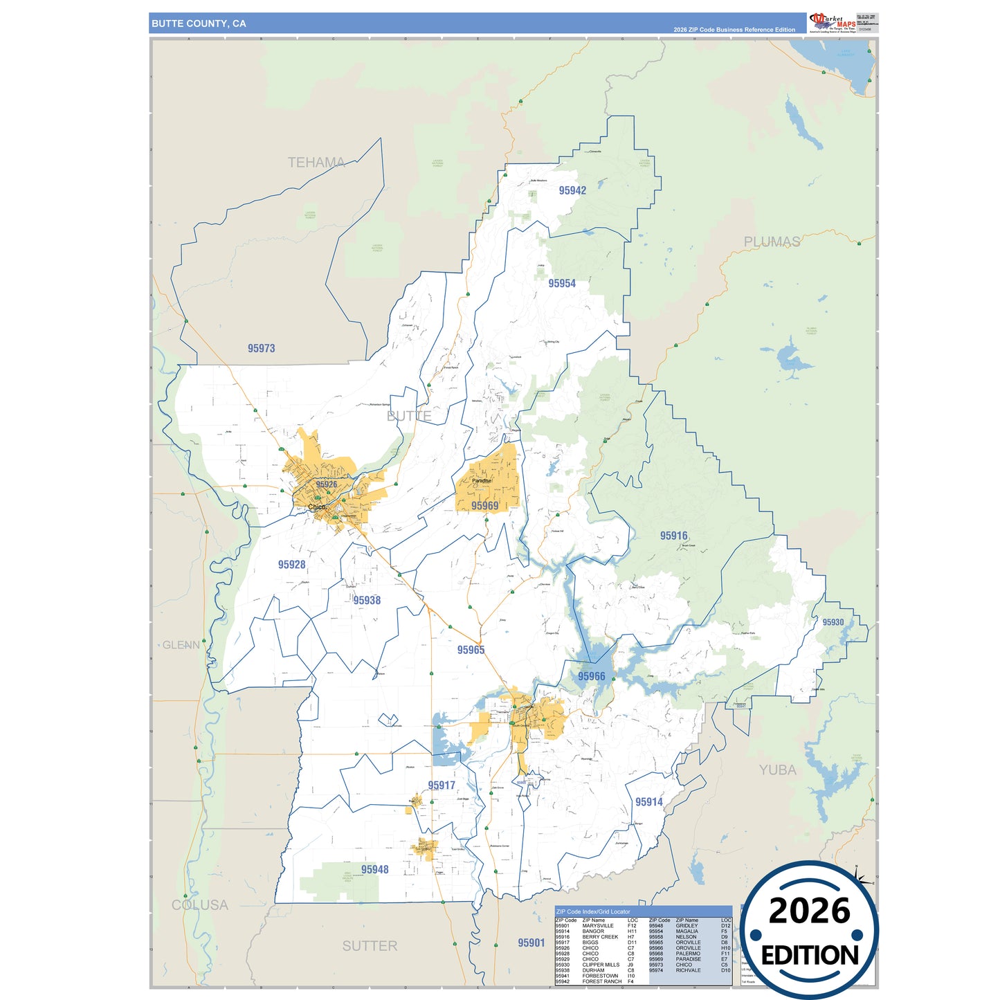 Butte County, CA Business Reference 5 Digit ZIP Code Wall Map