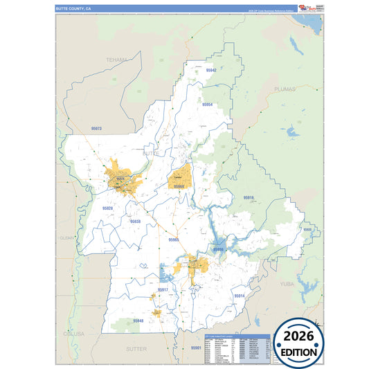 Butte County, CA Business Reference 5 Digit ZIP Code Wall Map