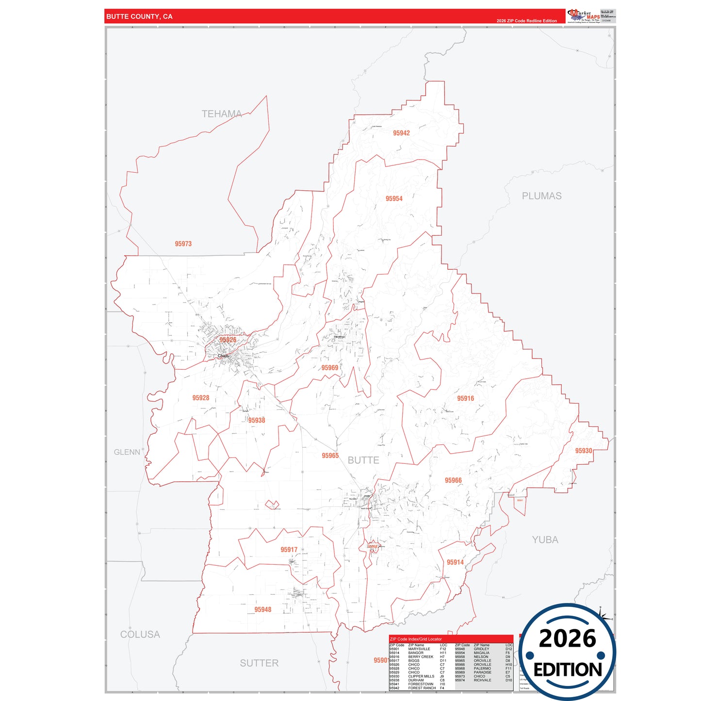 Butte County, CA Red Line 5 Digit ZIP Code Wall Map