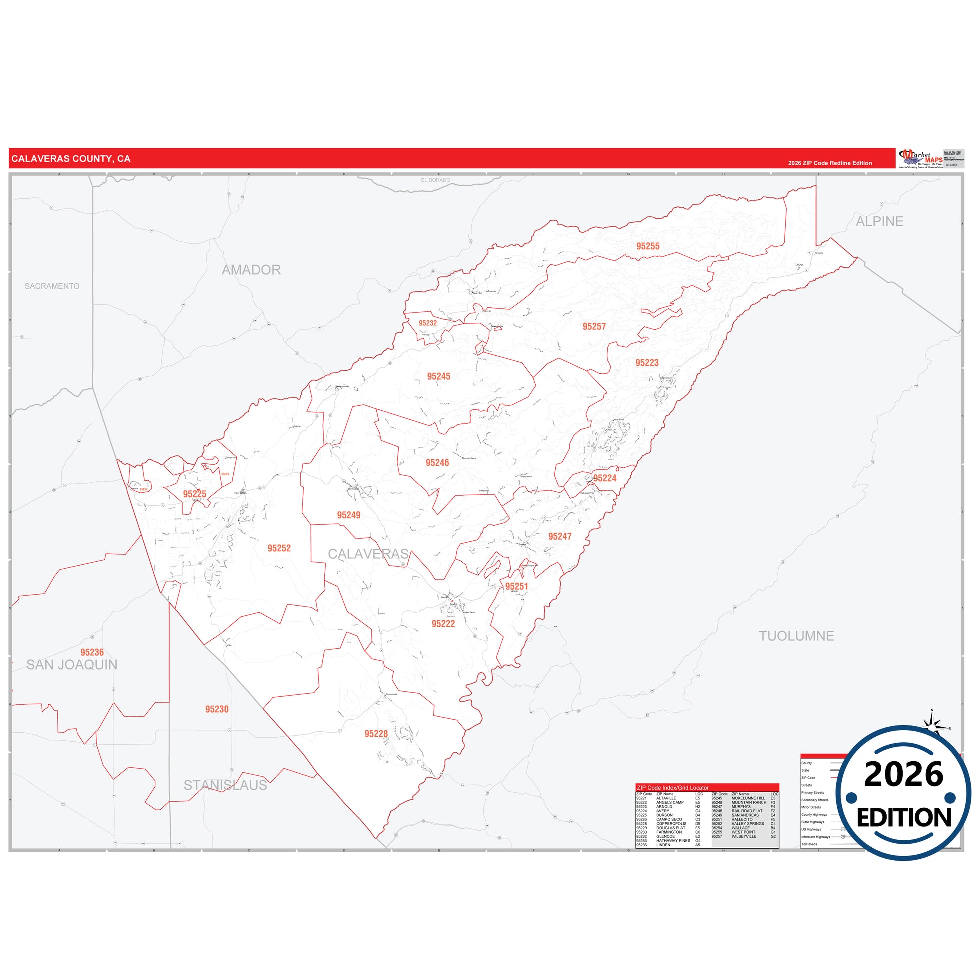 Calaveras County, CA Red Line map with detailed roads, cities, and ZIP code boundaries.
