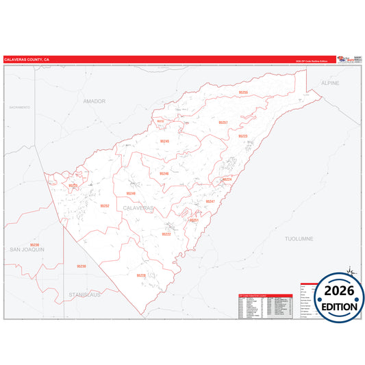 Calaveras County, CA Red Line 5 Digit ZIP Code Wall Map