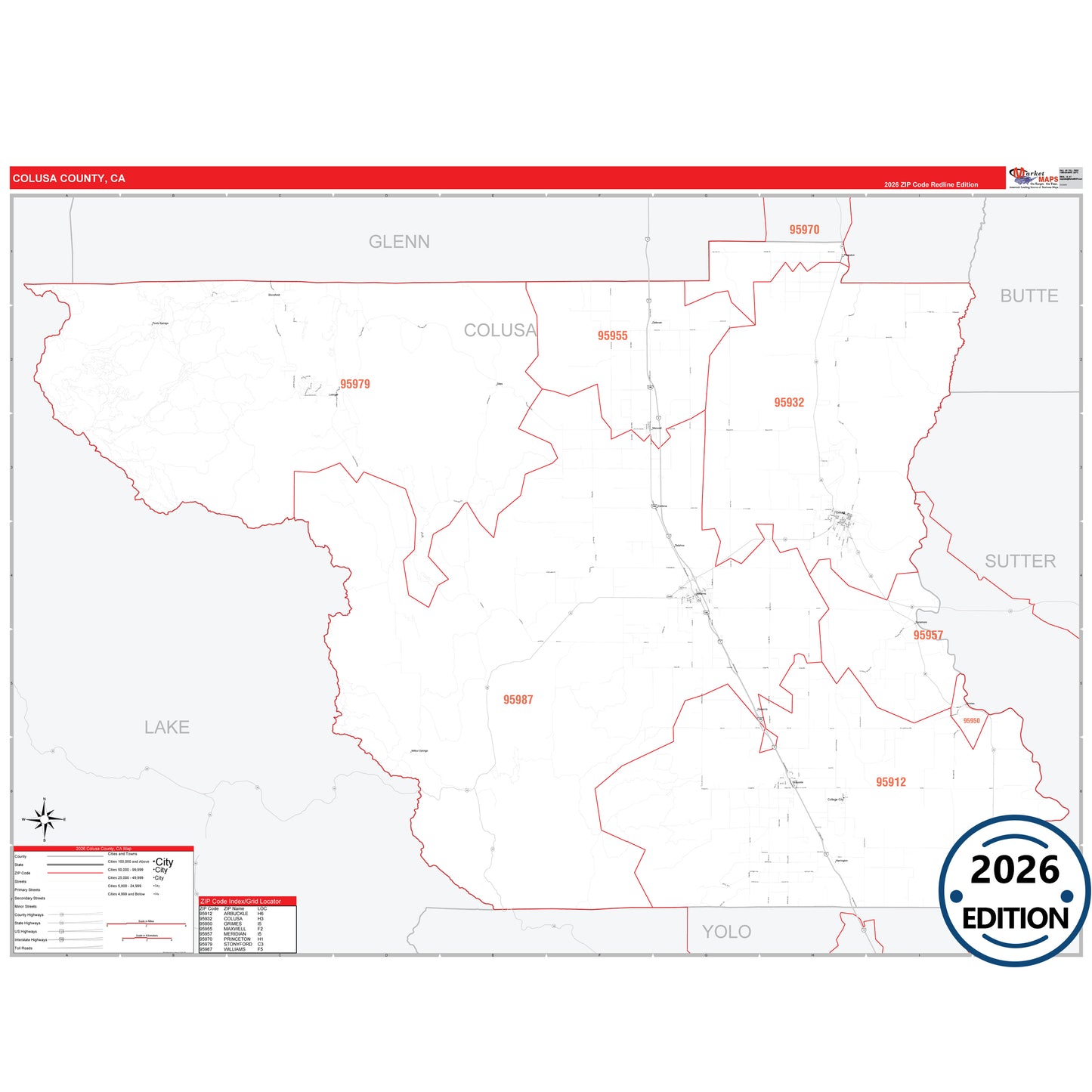 Colusa County, CA Red Line 5 Digit ZIP Code Wall Map