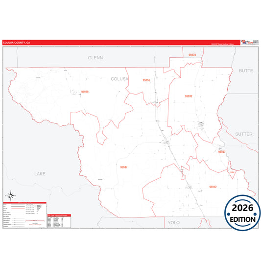 Colusa County, CA Red Line 5 Digit ZIP Code Wall Map