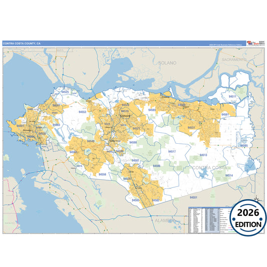Contra Costa County, CA Business Reference 5 Digit ZIP Code Wall Map