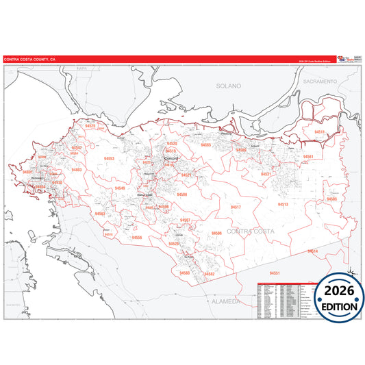 Contra Costa County, CA Red Line 5 Digit ZIP Code Wall Map