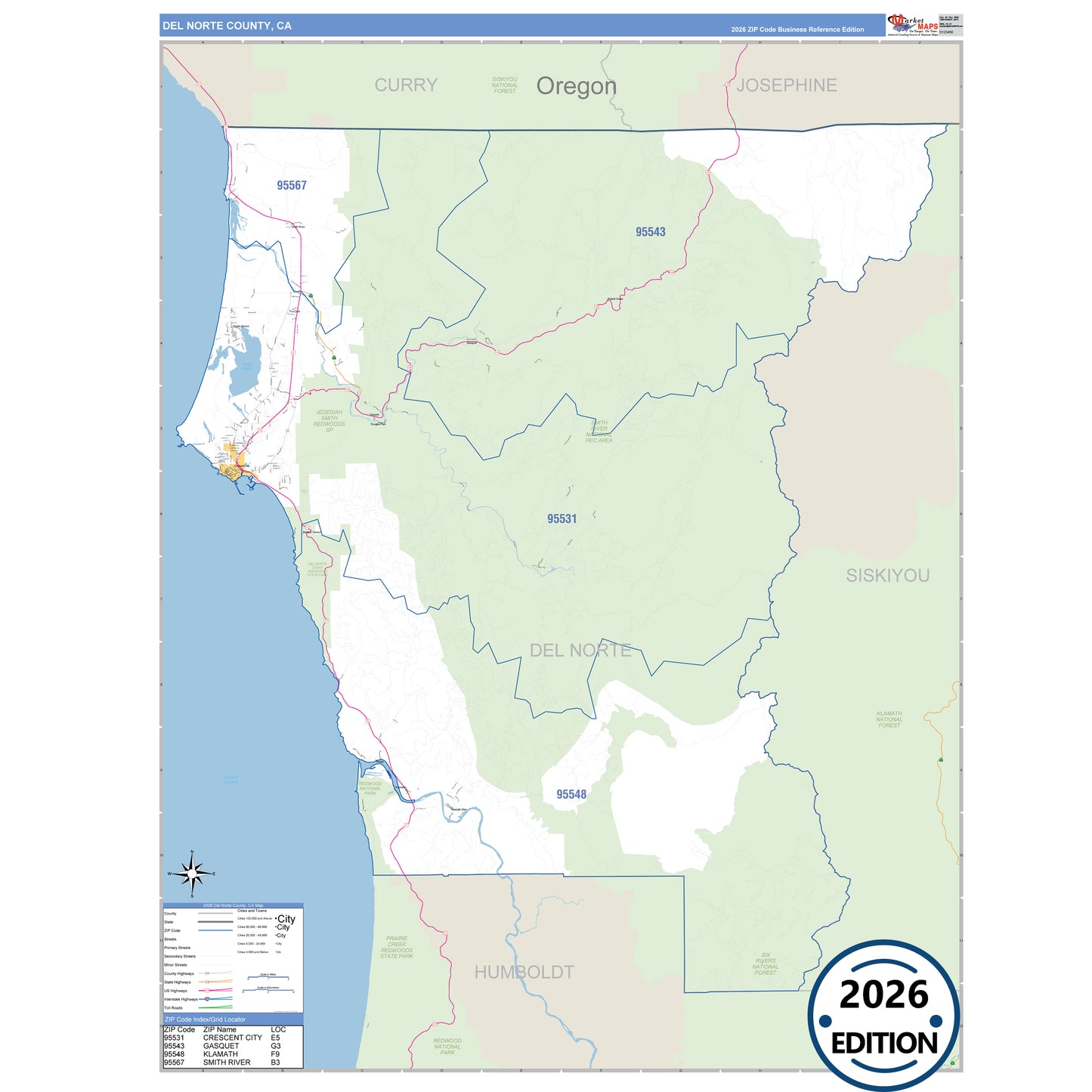 Del Norte County, CA Business Reference 5 Digit ZIP Code Wall Map
