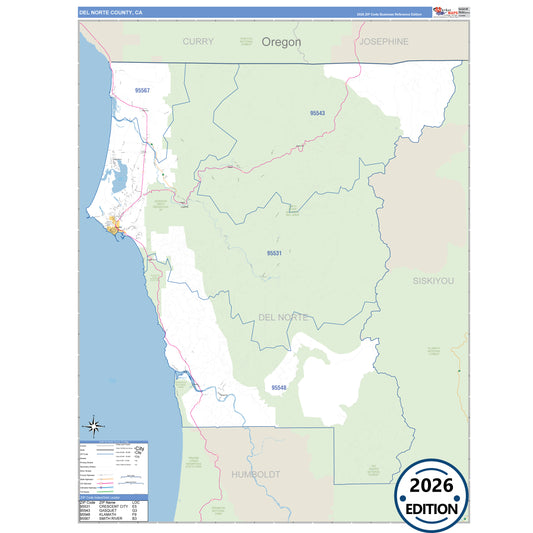 Del Norte County, CA Business Reference 5 Digit ZIP Code Wall Map