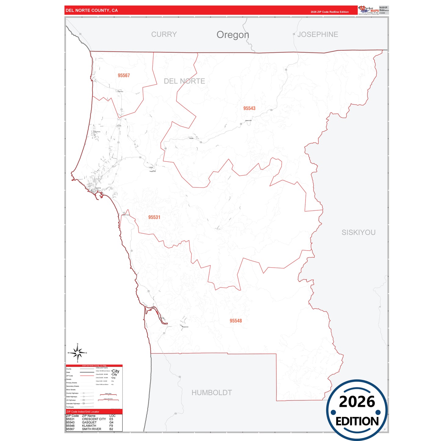 Del Norte County, CA Red Line 5 Digit ZIP Code Wall Map