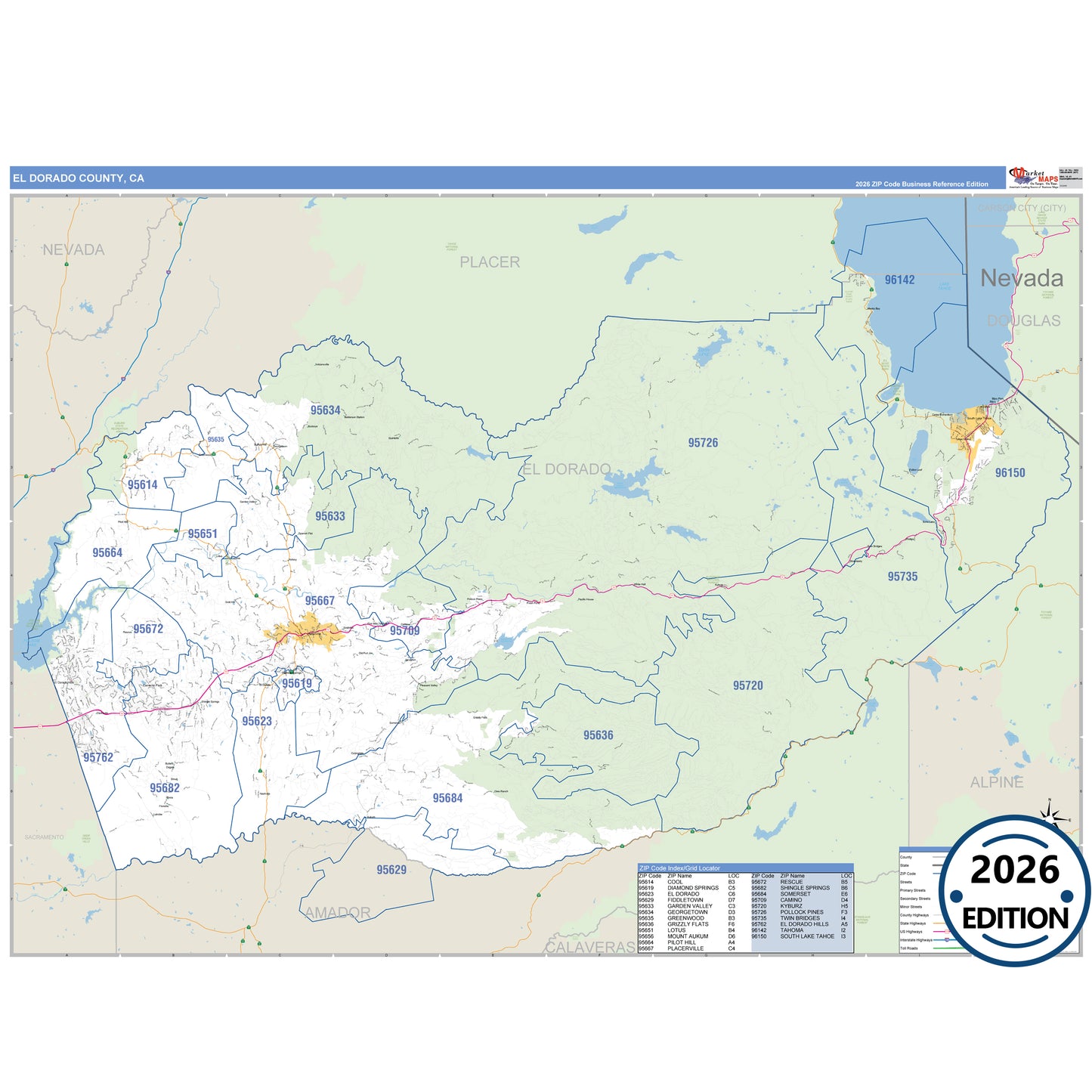 El Dorado County, CA Business Reference 5 Digit ZIP Code Wall Map