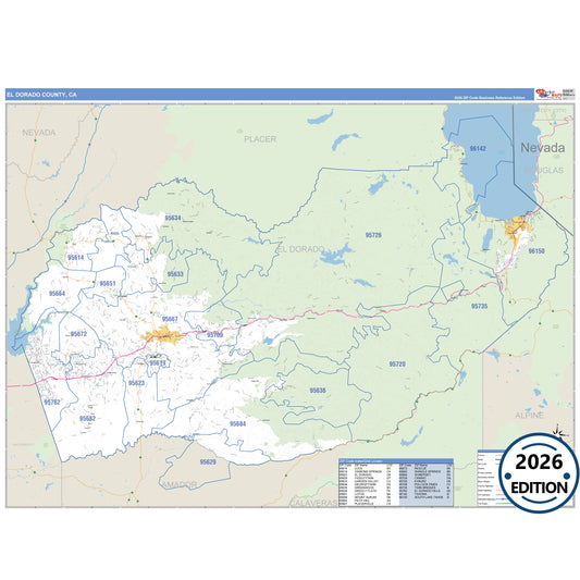 El Dorado County, CA Business Reference 5 Digit ZIP Code Wall Map
