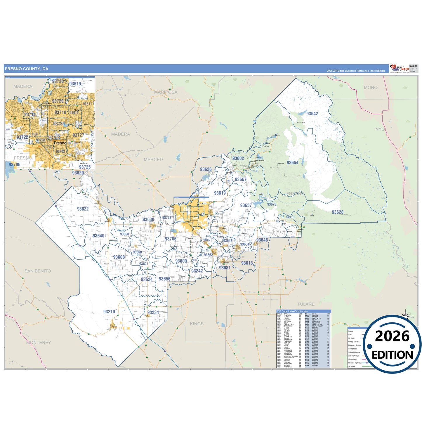 Fresno County, CA Business Reference 5 Digit ZIP Code Wall Map