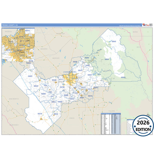Fresno County, CA Business Reference 5 Digit ZIP Code Wall Map