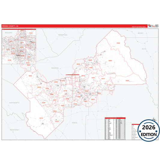 Fresno County, CA Red Line 5 Digit ZIP Code Wall Map