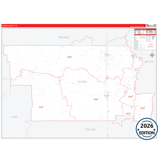 Glenn County, CA Red Line 5 Digit ZIP Code Wall Map