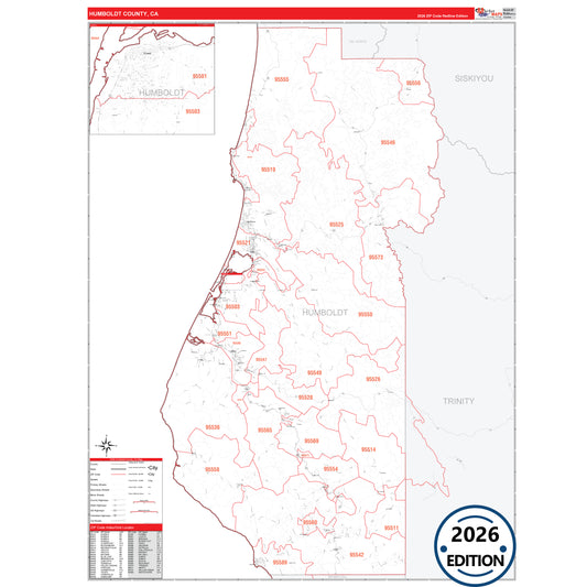 Humboldt County, CA Red Line 5 Digit ZIP Code Wall Map