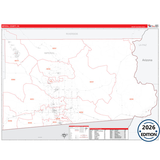 Imperial County, CA Red Line 5 Digit ZIP Code Wall Map